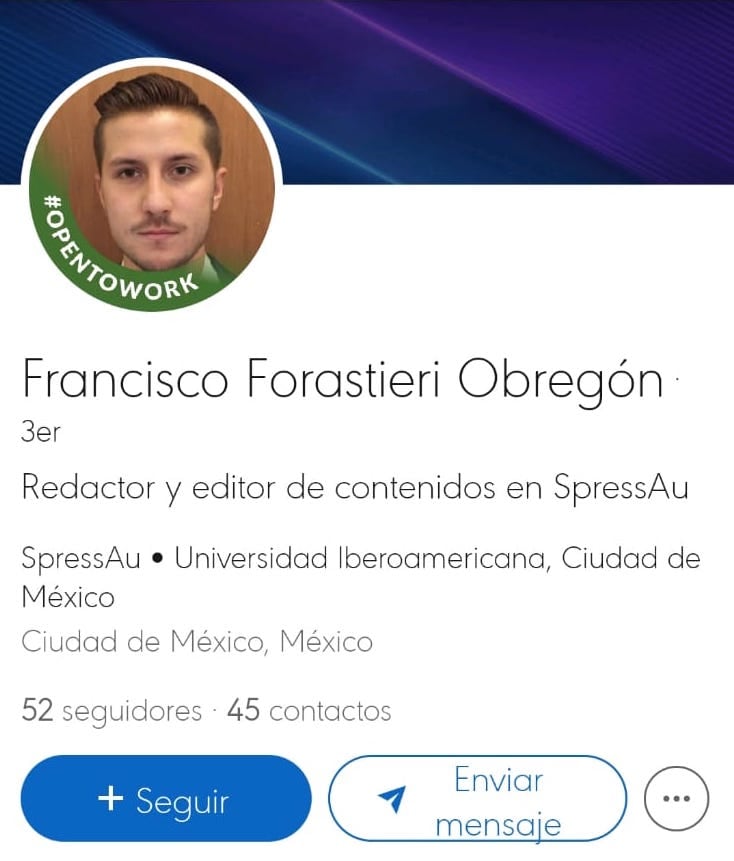 Perfil de LinkedIn de Francisco Forastieri, hijo de Matilde Obregón.