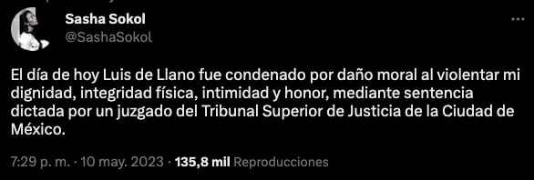 Sasha Sokol gana demanda por daño moral contra Luis de Llano