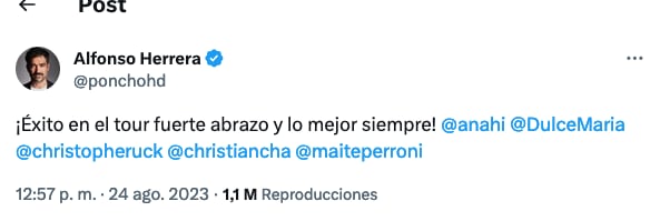 Poncho Herrera manda tweet a los RBD por el inicio del tour.