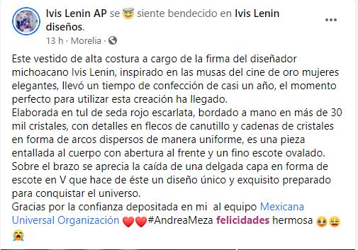 Post en Facebook de Ivis Lenin sobre el diseño del vestido.