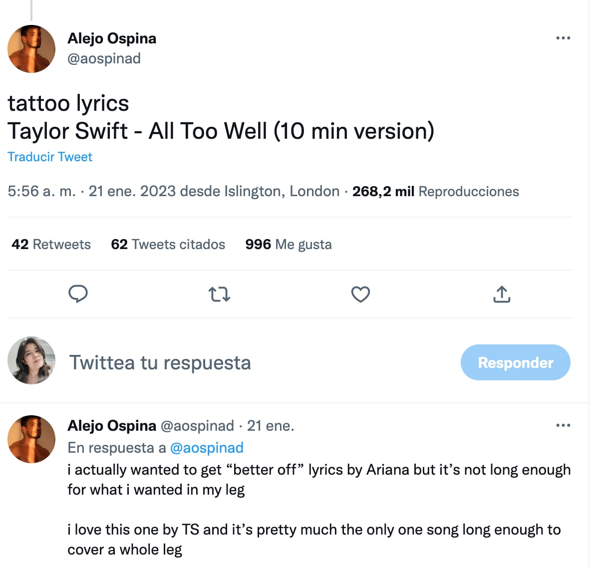 Fan de Taylor Swift se hace tatuaje de la letra de All Too Well, la versión de 10 minutos