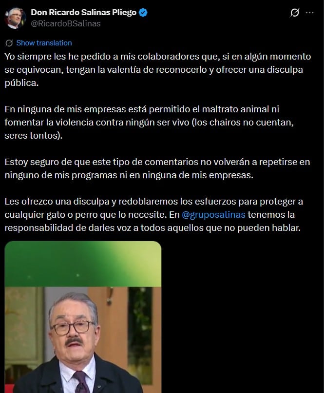 Ricardo Salinas Pliego difunde la disculpa de Pedro Sola y fija postura sobre el maltrato animal