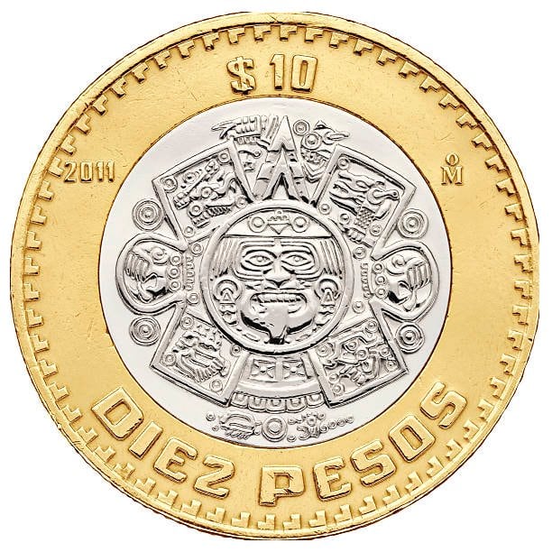 Moneda de 10 pesos en México.