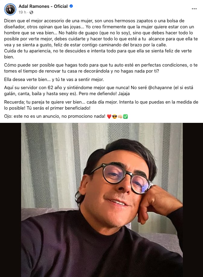 Adal Ramones comparte que el mejor accesorio de una mujer es un hombre que se vea bien.