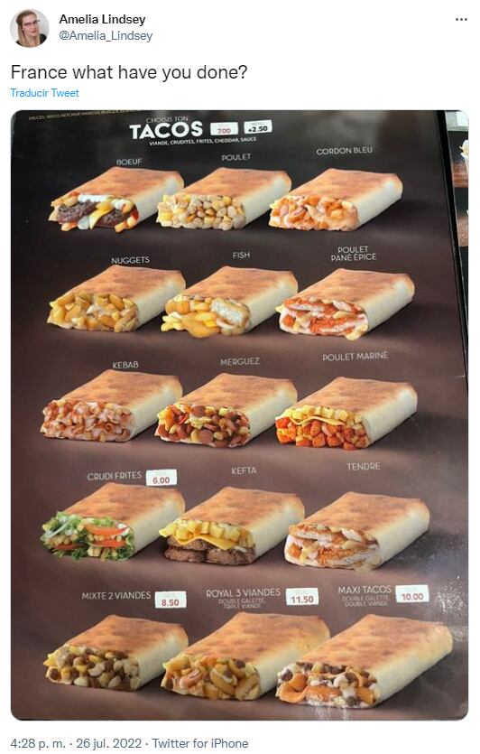Menú de tacos hechos en Francia