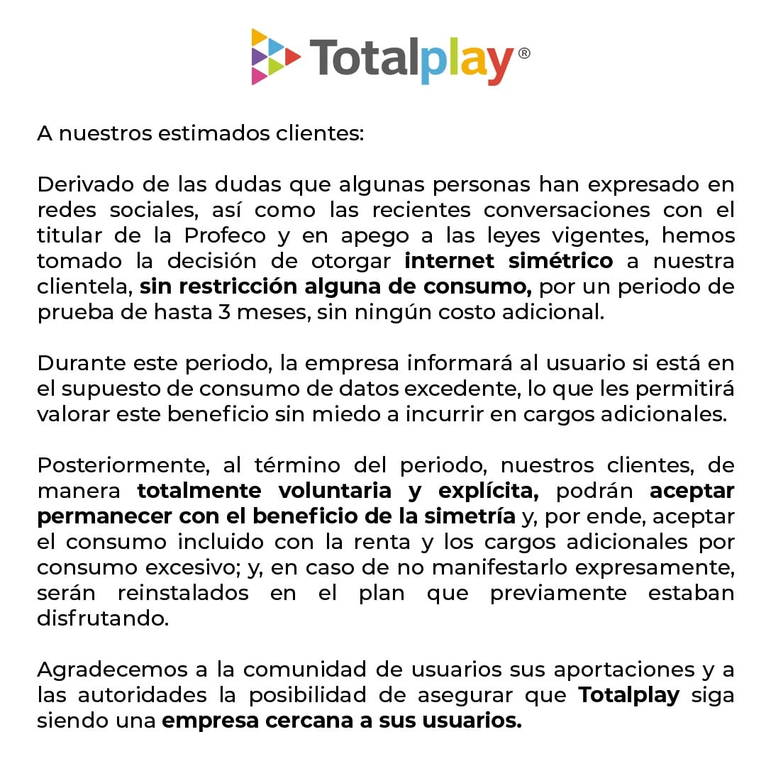 Totalplay ofrece 3 meses gratis de internet simétrico a sus clientes para tratar de calmar las aguas