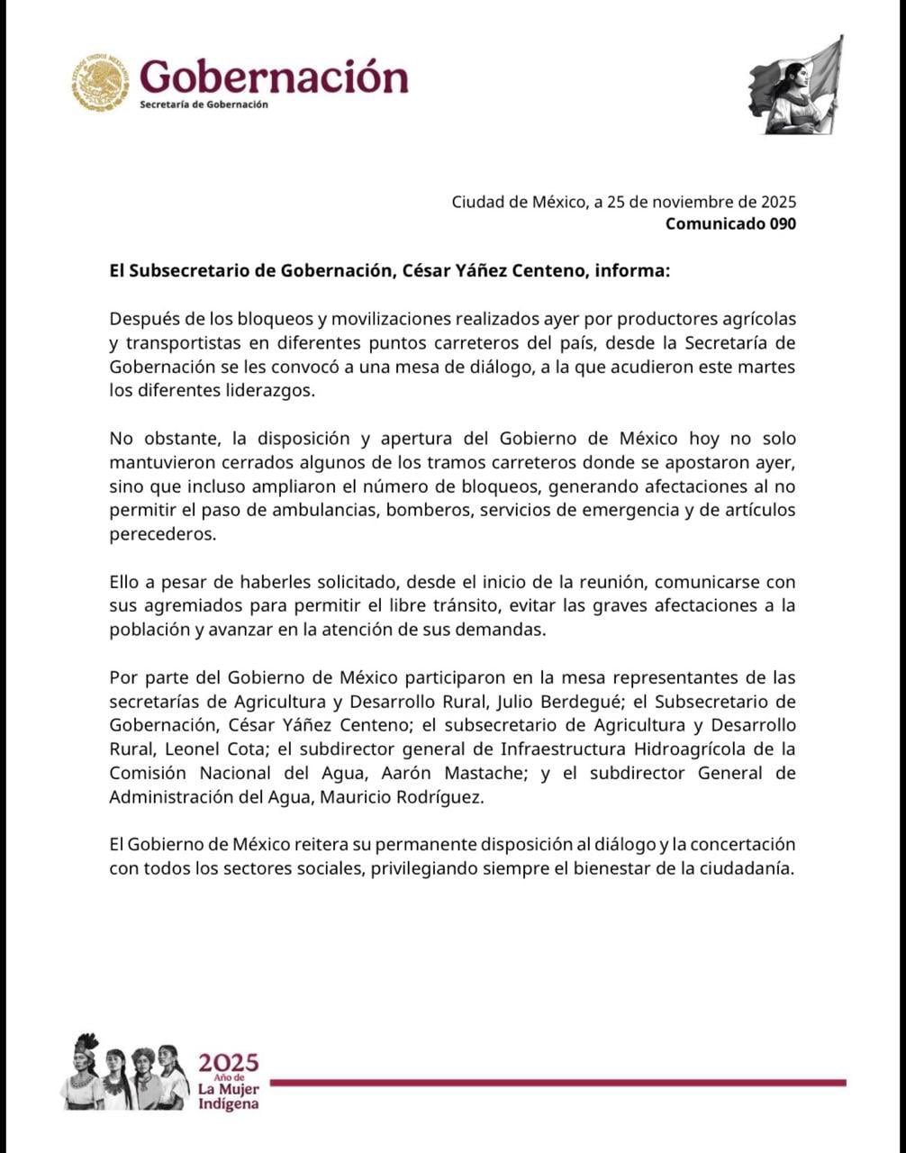 Comunicado de Gobernación