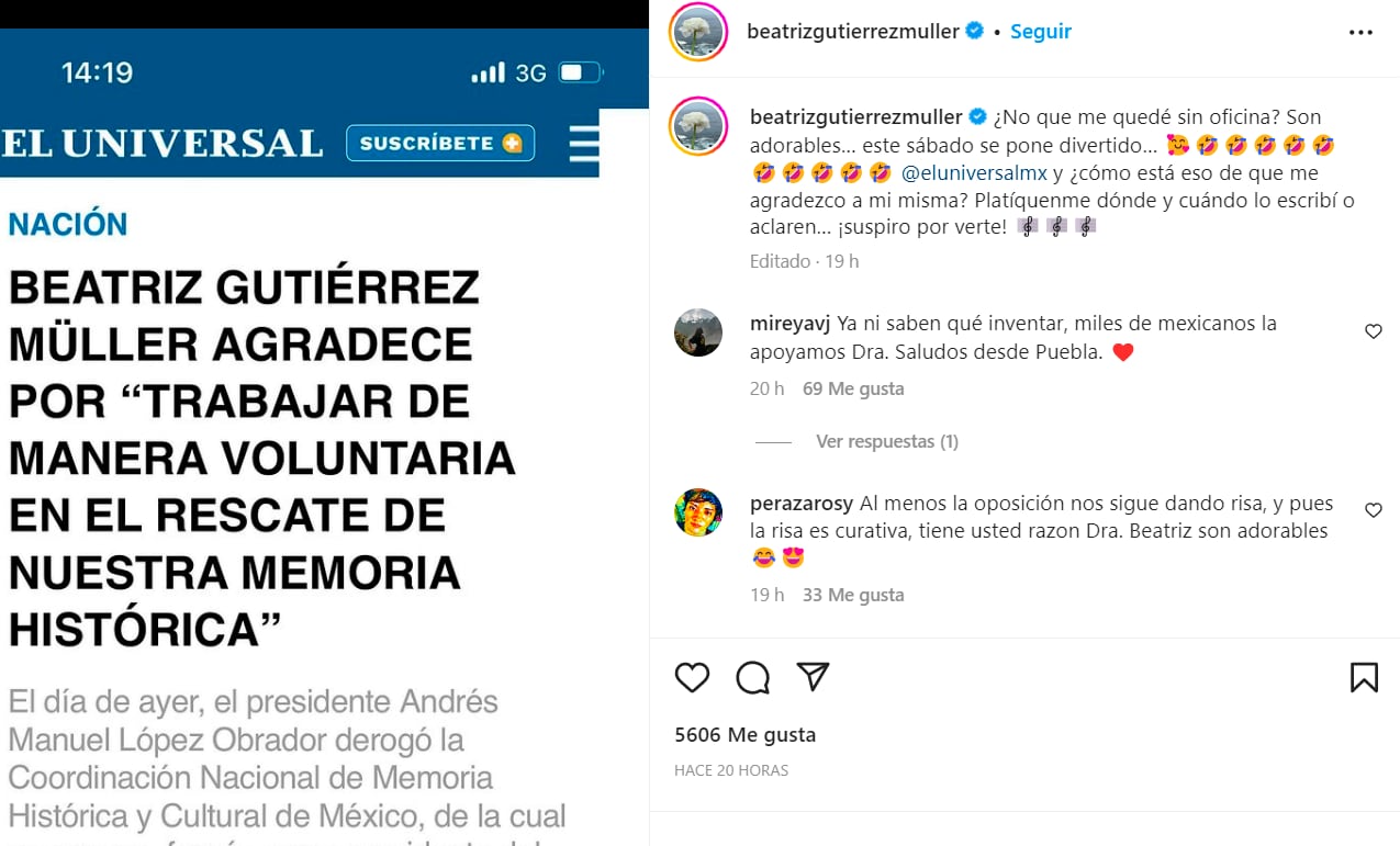 Beatriz Gutiérrez se burla de medios porque AMLO la “dejó sin chamba”