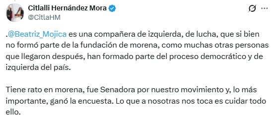 No fundó Morena, pero es de izquierda”: Citlalli Hernández defiende a Beatriz Mojica