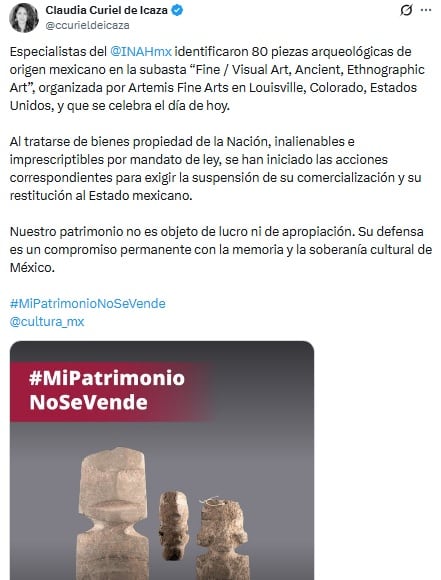 Claudia Curiel de Icaza pide a Estados Unidos parar subasta de piezas prehispánicas de México.