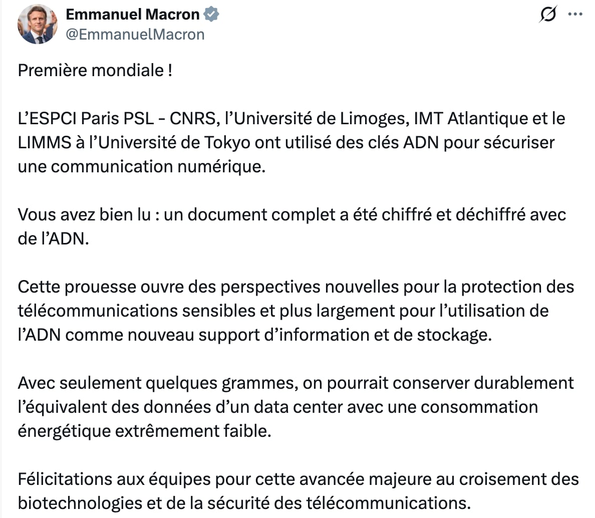 Emmanuel Macron revela en un comunicado la nueva tecnología del ADN como llave de encriptación y cifrado