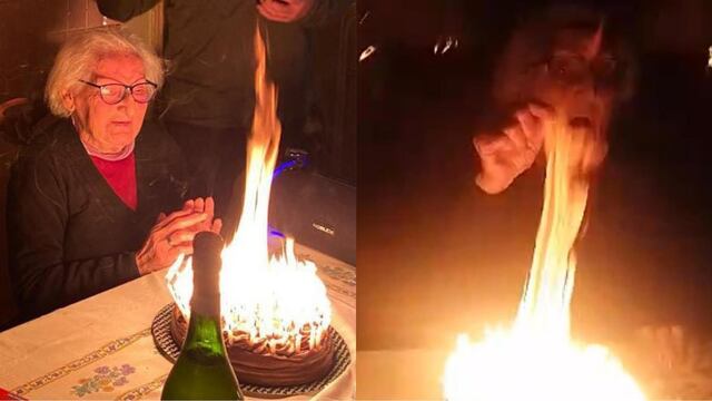 Abuela casi se incendia por las 95 velas en su pastel