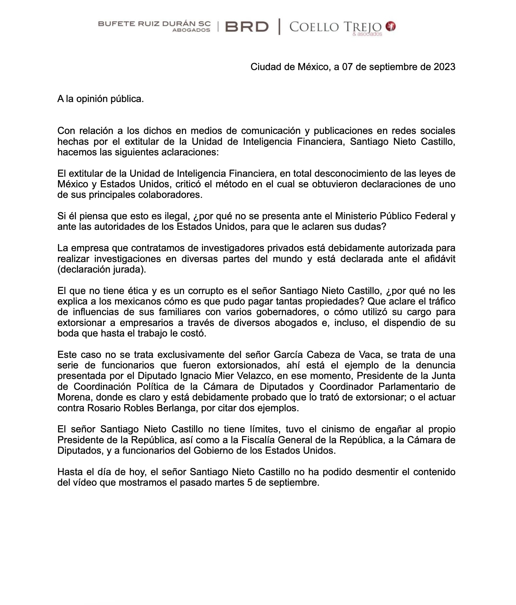 Comunicado Bufete Ruiz Durán y Coello Trejo y asociados contra Santiago Nieto