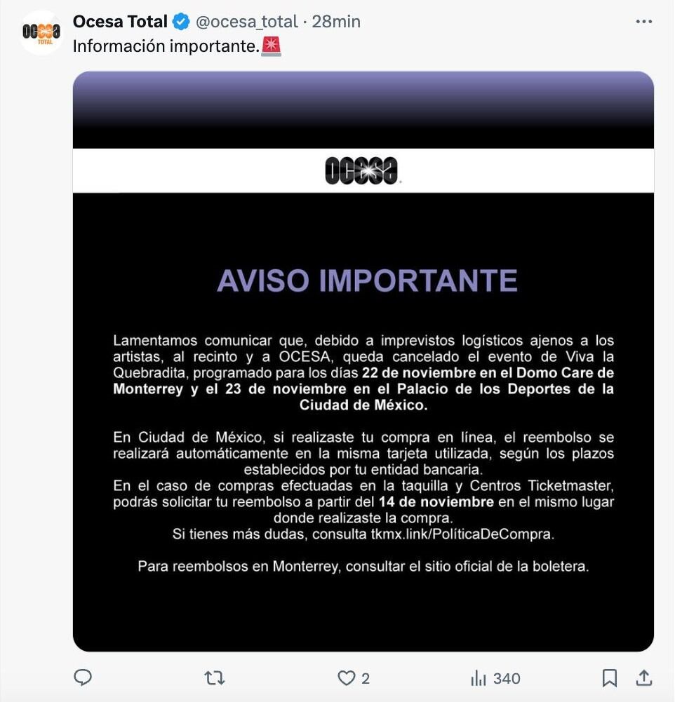 ¿Viva la Quebradita se cancela? Ocesa lo confirmó y prometió reembolsos, pero después se arrepintió