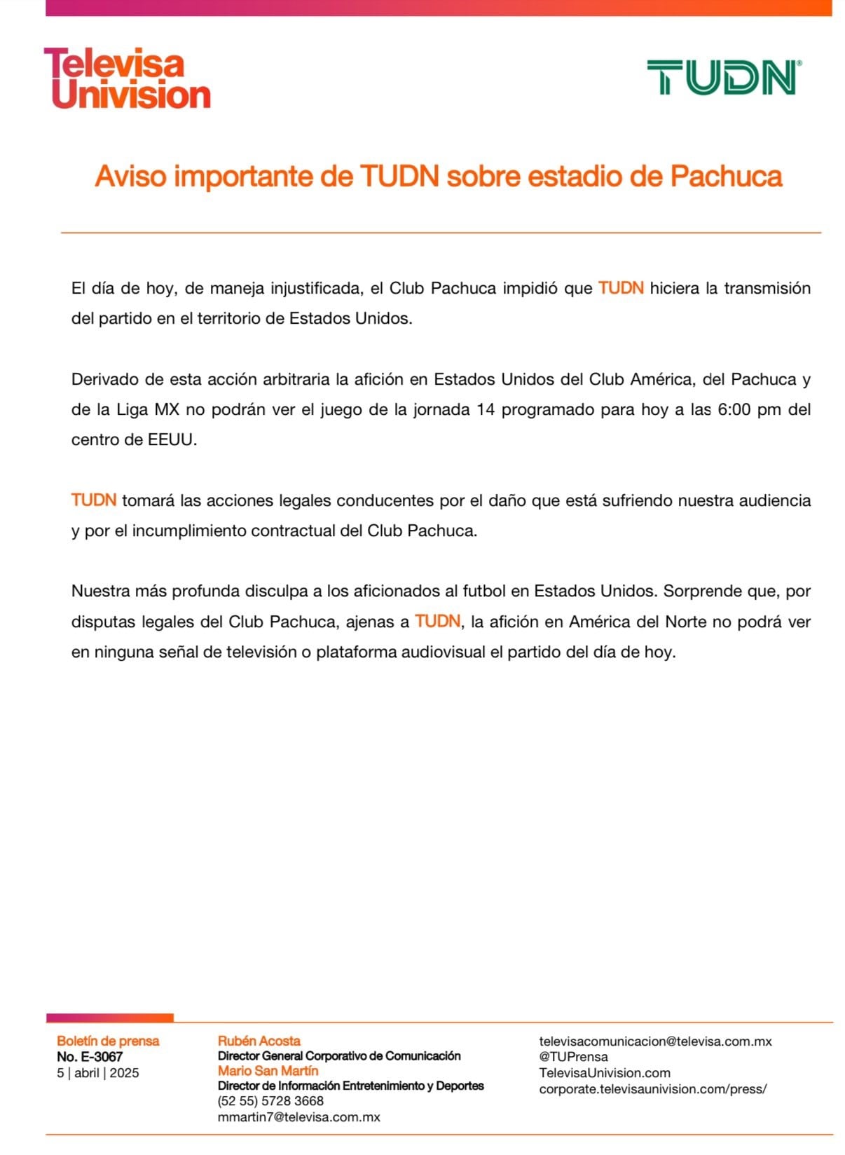 Comunicado TelevisaUnivision