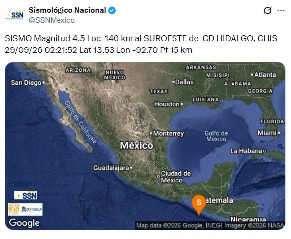 Temblor hoy martes 29 de septiembre en Chiapas