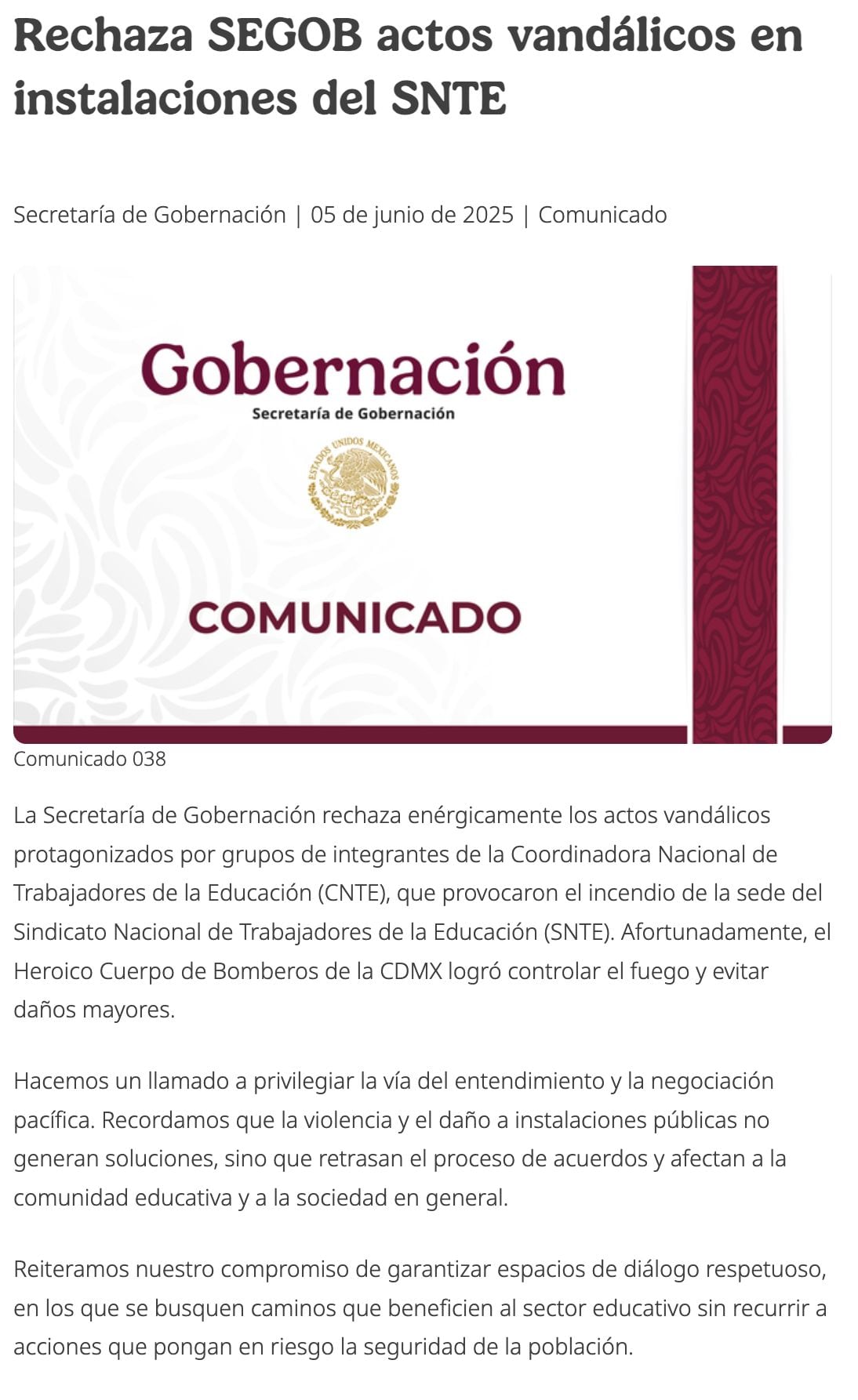 Segob sobre acciones de CNTE hoy 5 de junio.