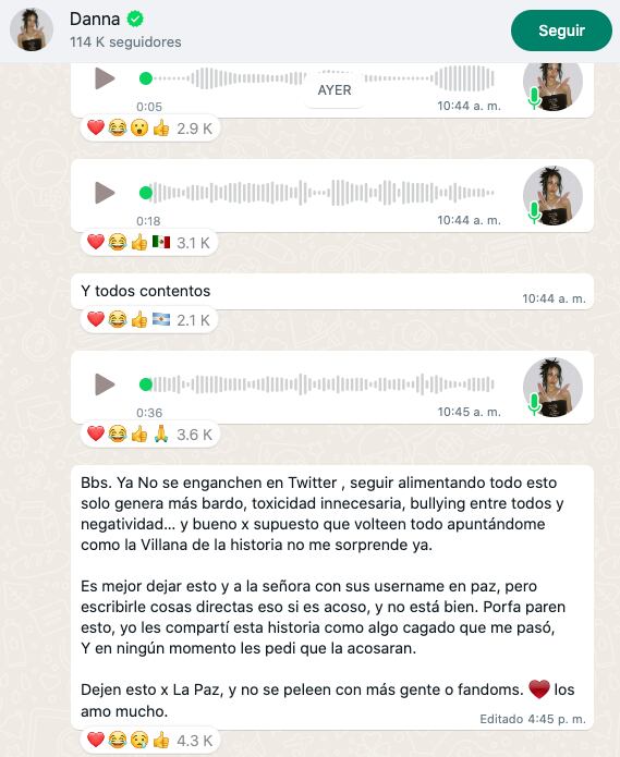 Danna Paola le pide a sus fans dejar de acosar a la usuaria de X.