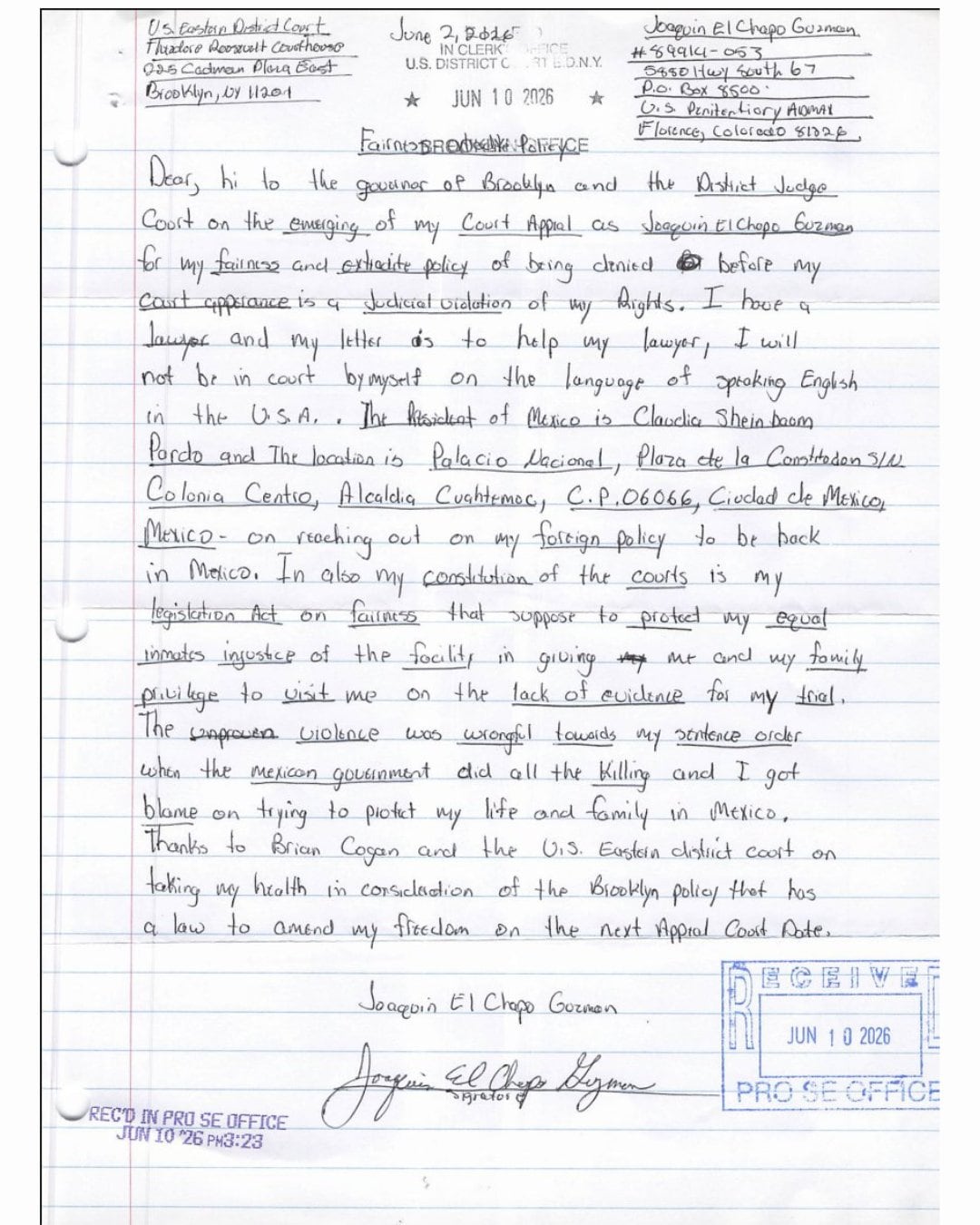 La inesperada carta de “El Chapo” Guzmán a Claudia Sheinbaum