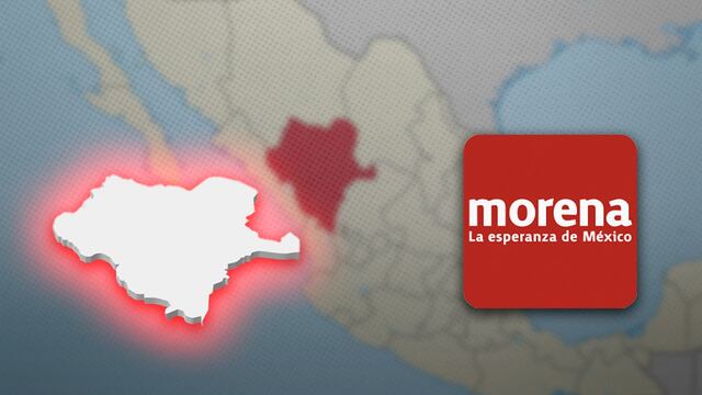 Estado de Durango resaltado en color rojo y blanco, logo de Morena a la derecha