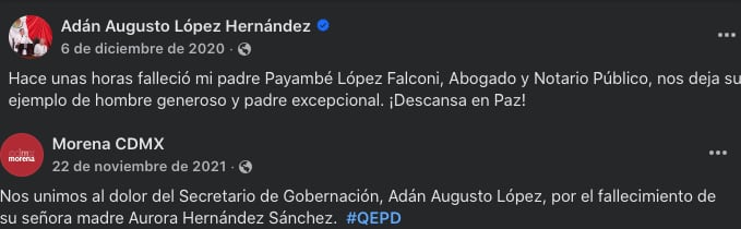 Los padres de Adán Augusto López murieron en 2020 y 2021