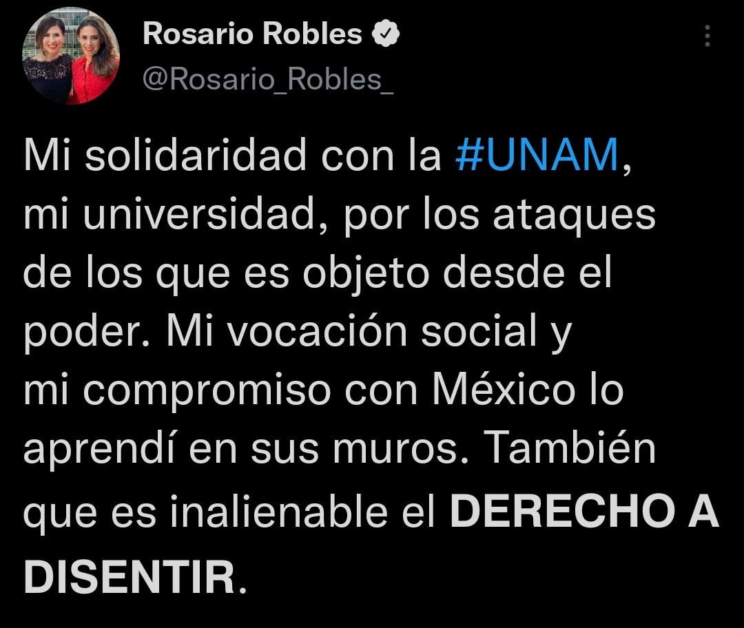 Rosario Robles envía mensaje de apoyo a la UNAM
