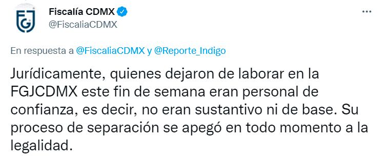 Tuit de la FGJCDMX para explicar despidos de sus trabajadores