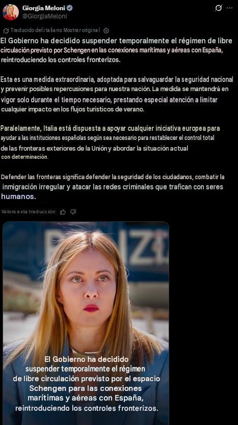 Meloni endurece controles con España y suspende temporalmente la libre circulación de Schengen