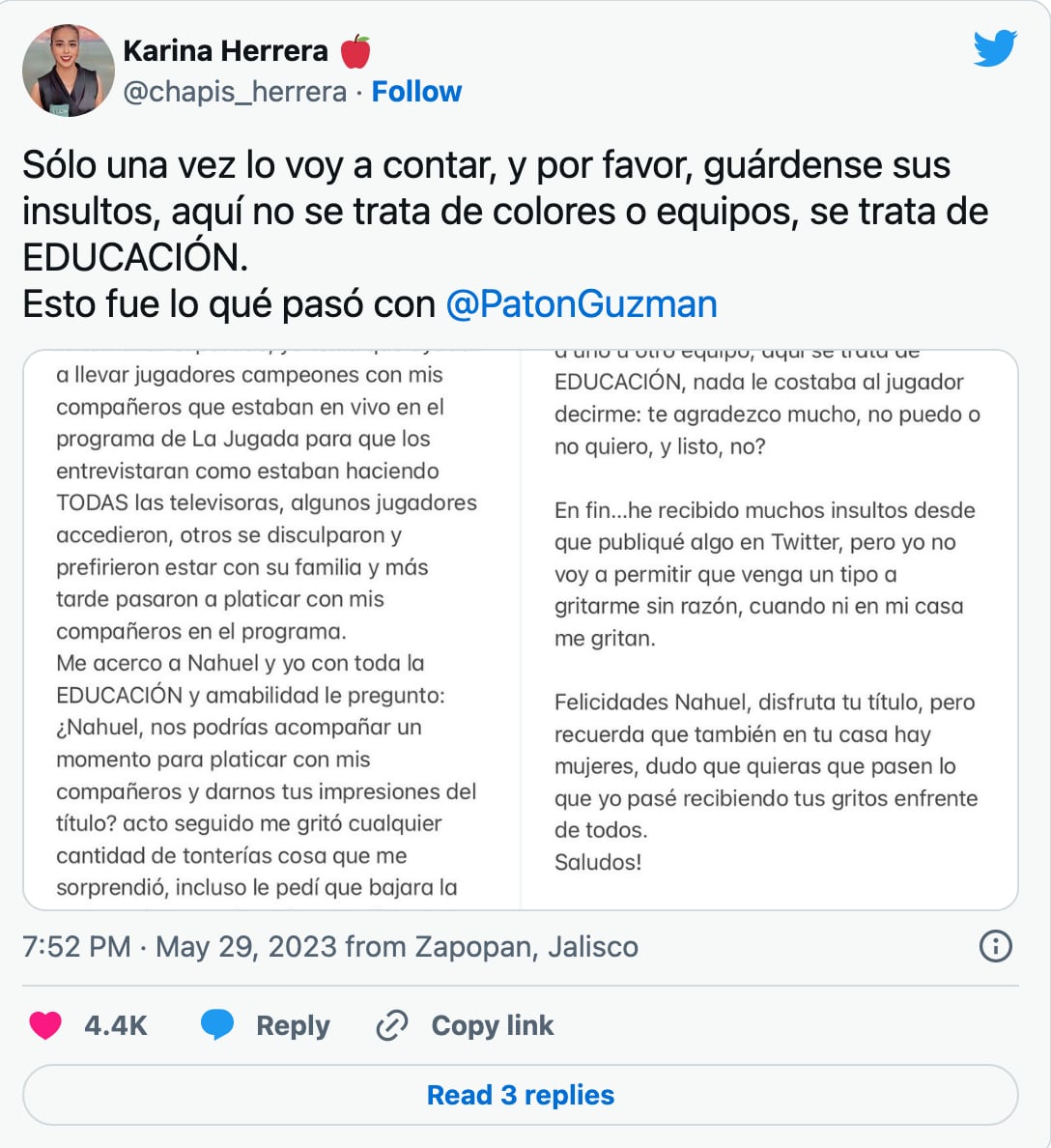 Tuit de Karina Herrera