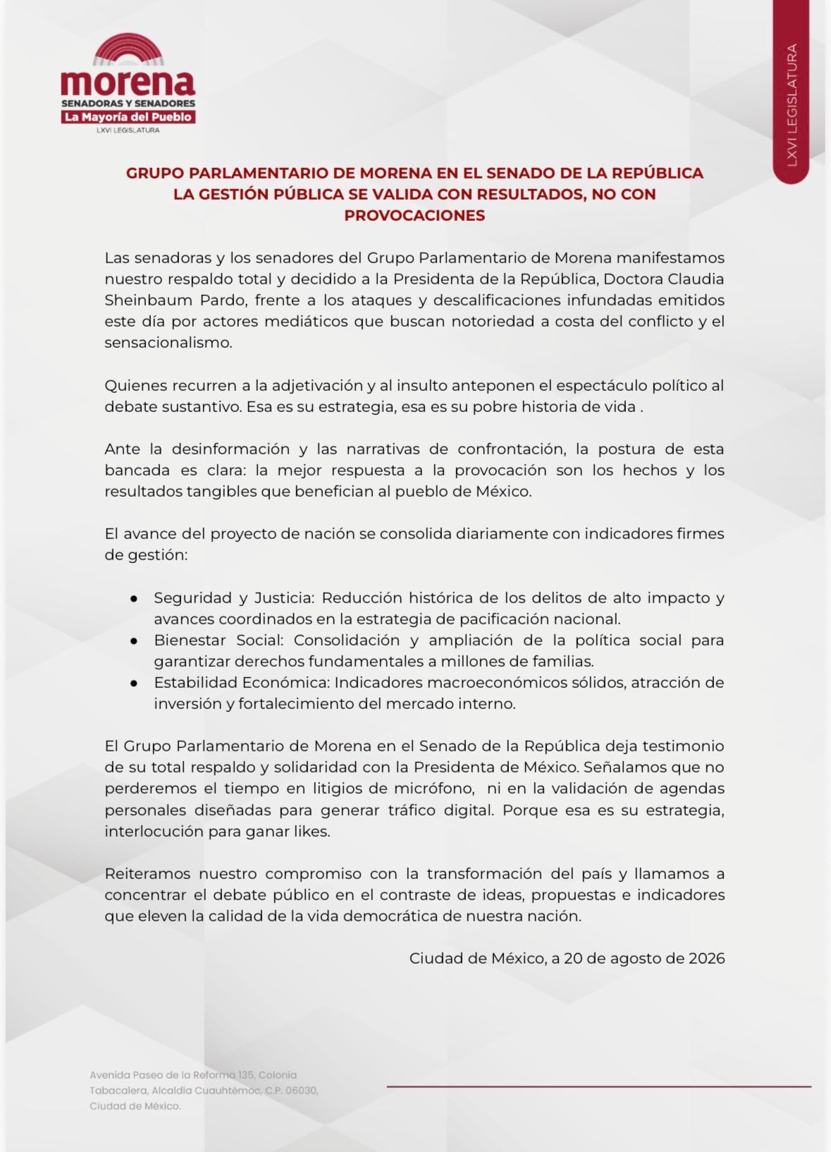 Morena en el Senado defiende a Claudia Sheinbaum ante descalificaciones infundadas