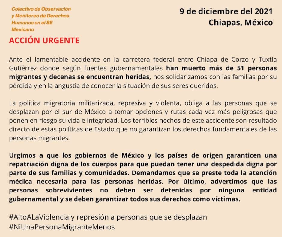 Acción urgente sobre accidente en Chiapas
