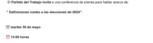PT cita a conferencia de prensa este 30 de mayo