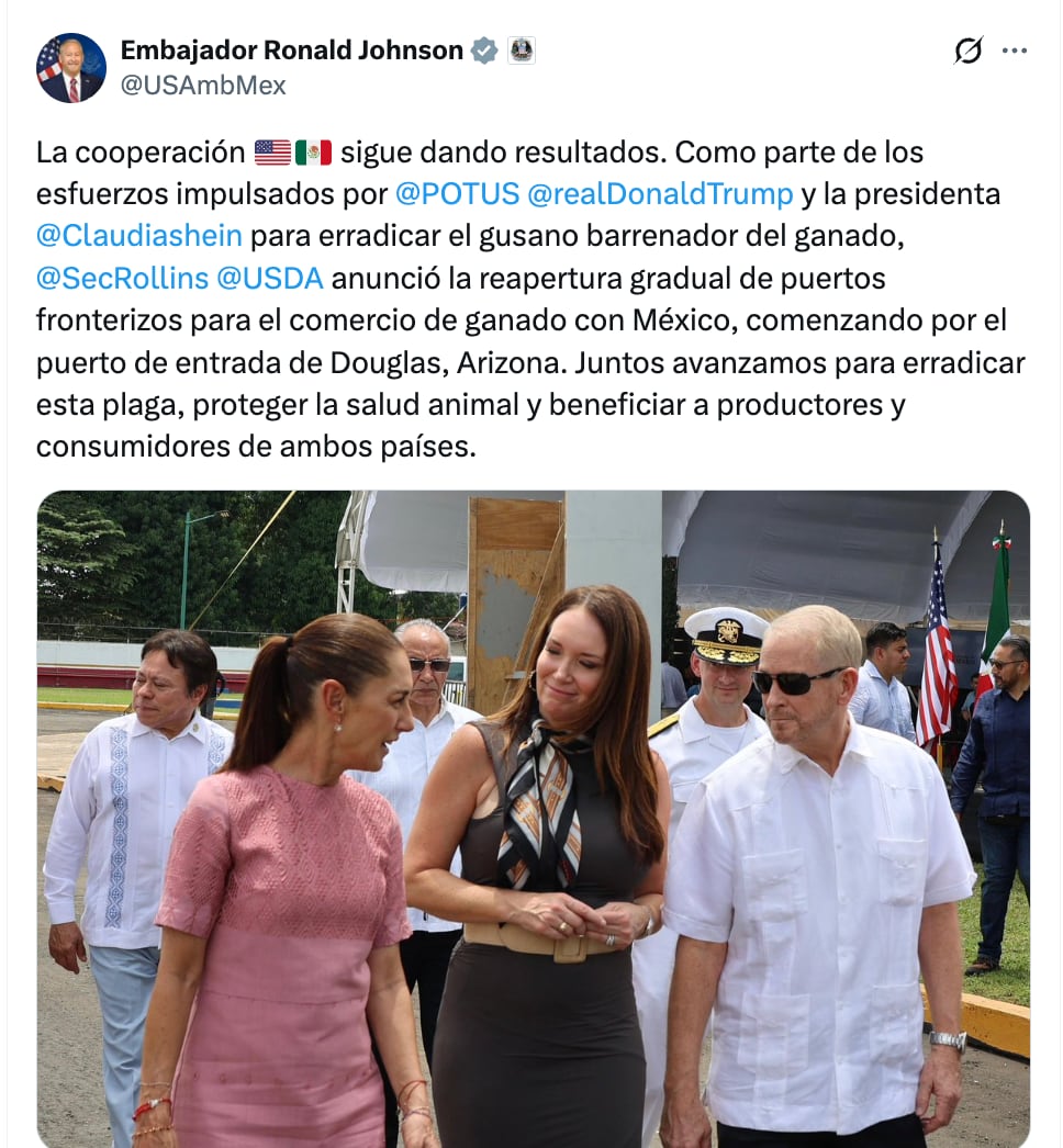 Ronald Johnson reconoce a Sheinbaum Trump por trabajos que permitieron reinicio de exportación de ganado