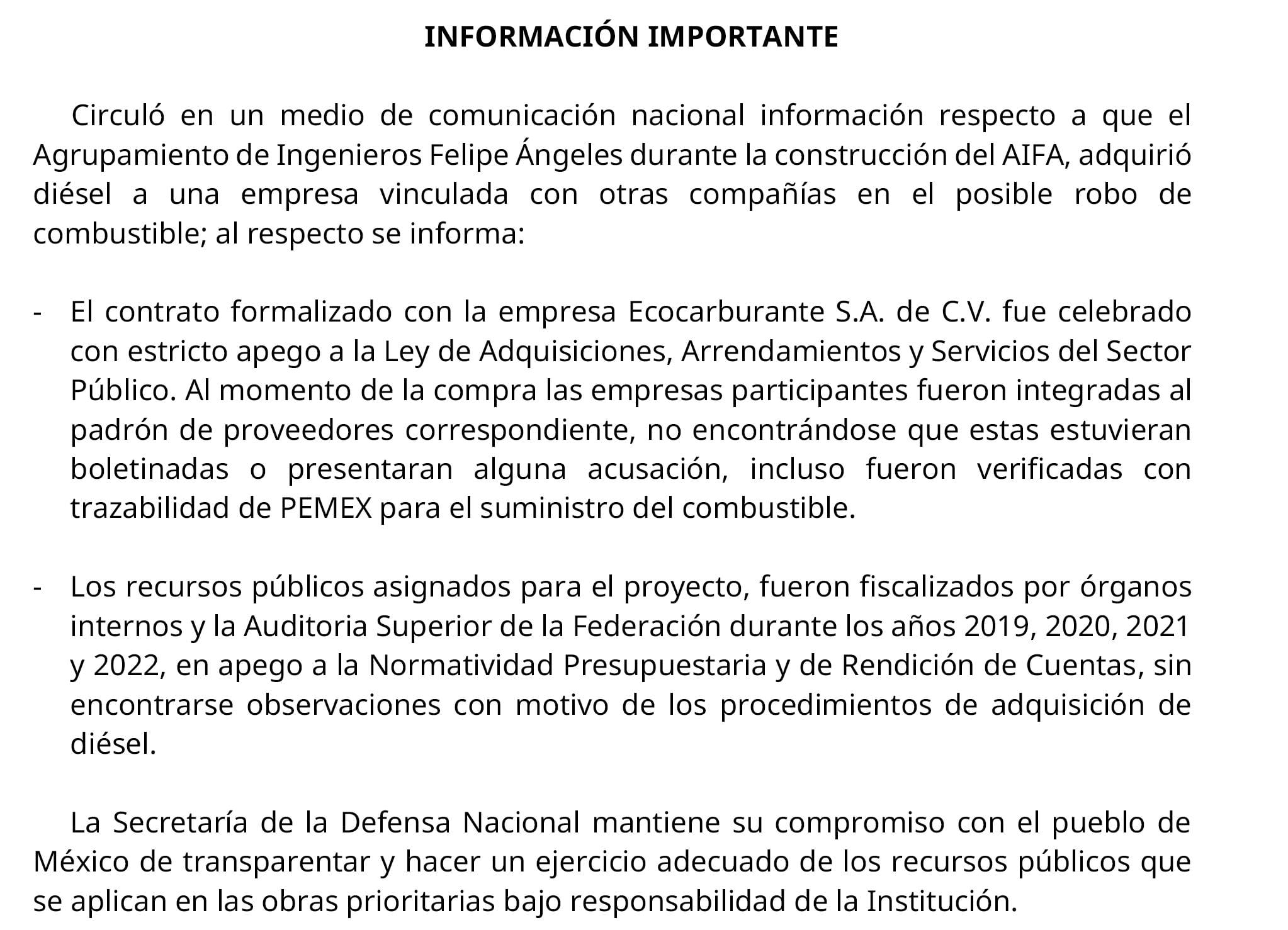 Sedena rechaza haber comprado combustible robado para construir el aeropuerto