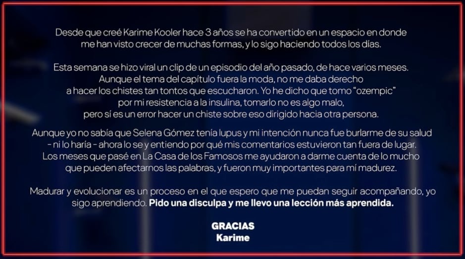 Karime Pindter se disculpa por criticar cuerpo de Selena Gomez