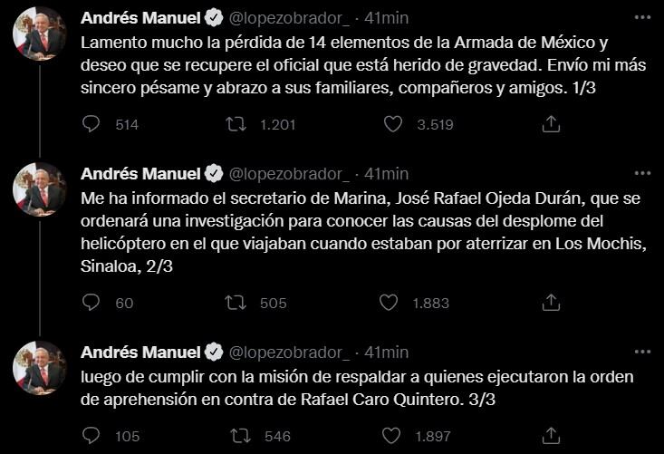 AMLO lamenta y confirma relación de accidente de helicóptero de Los Mochis con detención de Rafael Caro Quintero