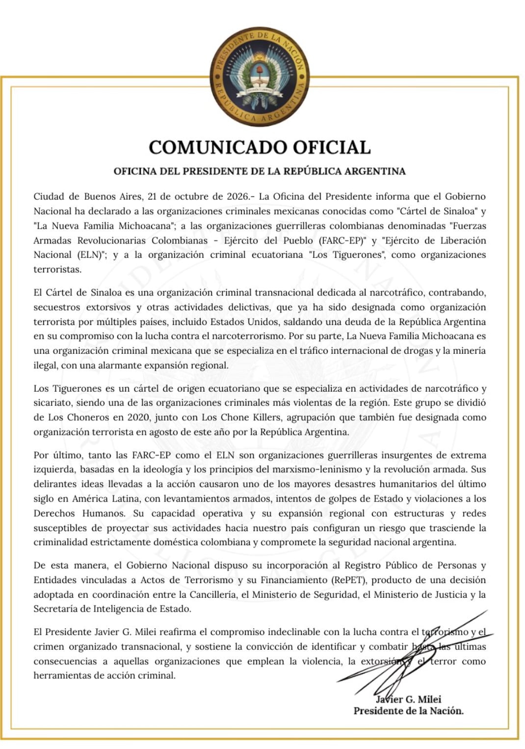 Argentina designa organizaciones terroristas al Cártel de Sinaloa y a La Nueva Familia Michoacana