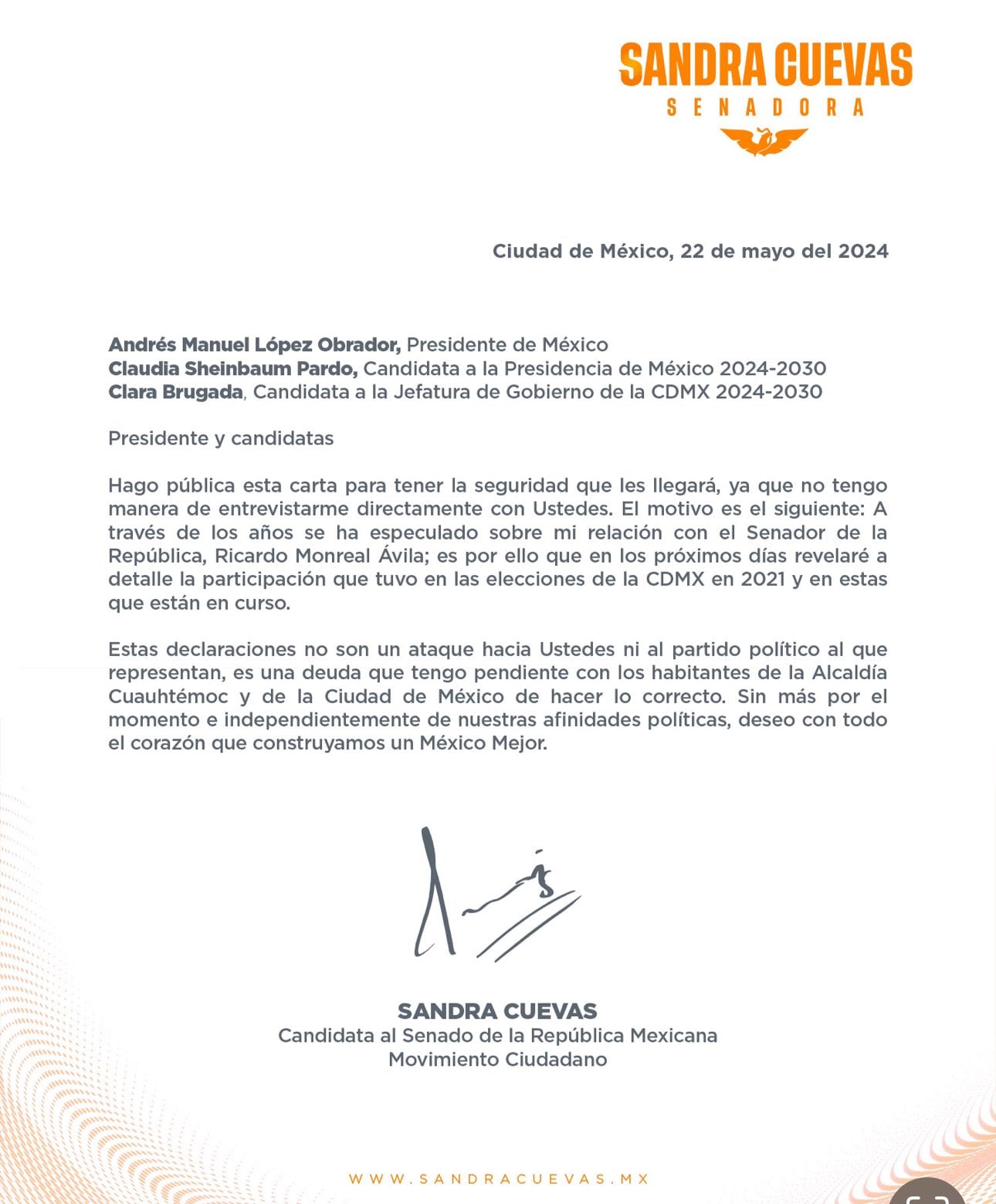 Carta de Sandra Cuevas a AMLO