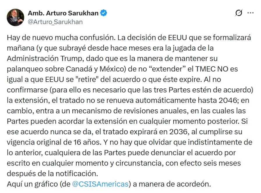 Arturo Sarukhan explica qué significa que Estados Unidos no extienda el T-MEC