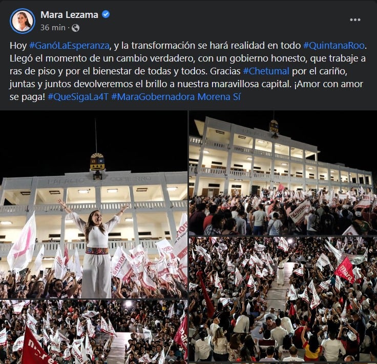Mara Lezama da discurso tras ganar elecciones 2022 en Quintana Roo