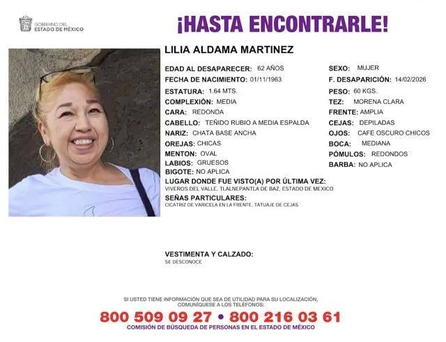 Ficha de búsqueda de Lilia Aldama Martínez, desaparecida en Edomex.