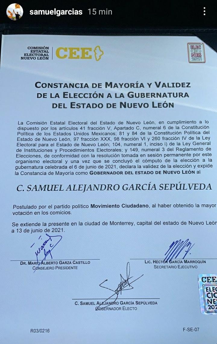 Constancia de mayoría de Samuel García