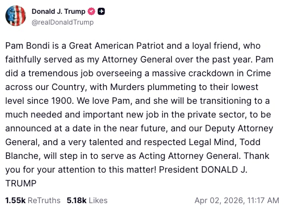 Donald Trump destituye a Pam Bondi