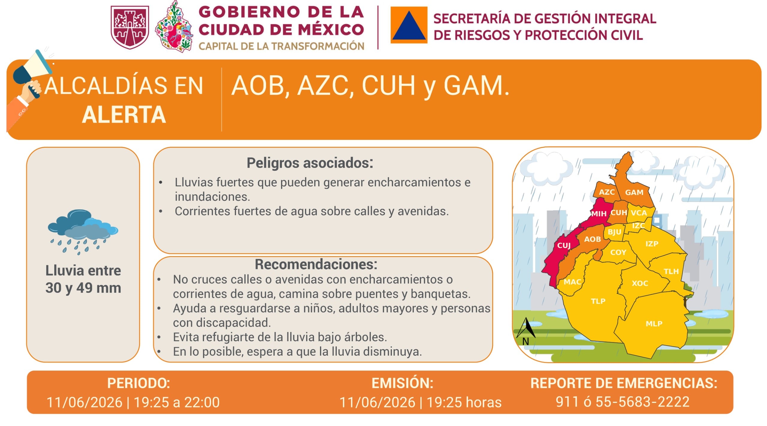 Alerta Naranja por lluvias en 4 alcaldías de CDMX
