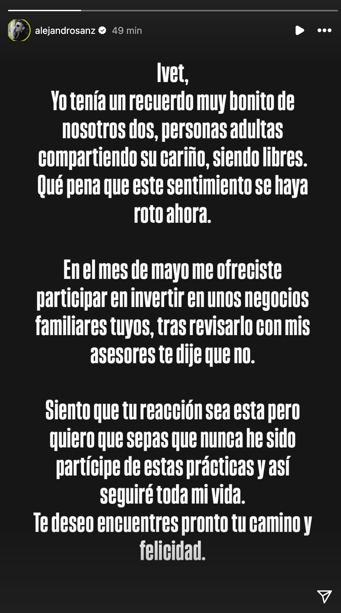 Alejandro Sanz le responde a Ivet Playa; asegura que se negó a invertir en sus negocios familiares.