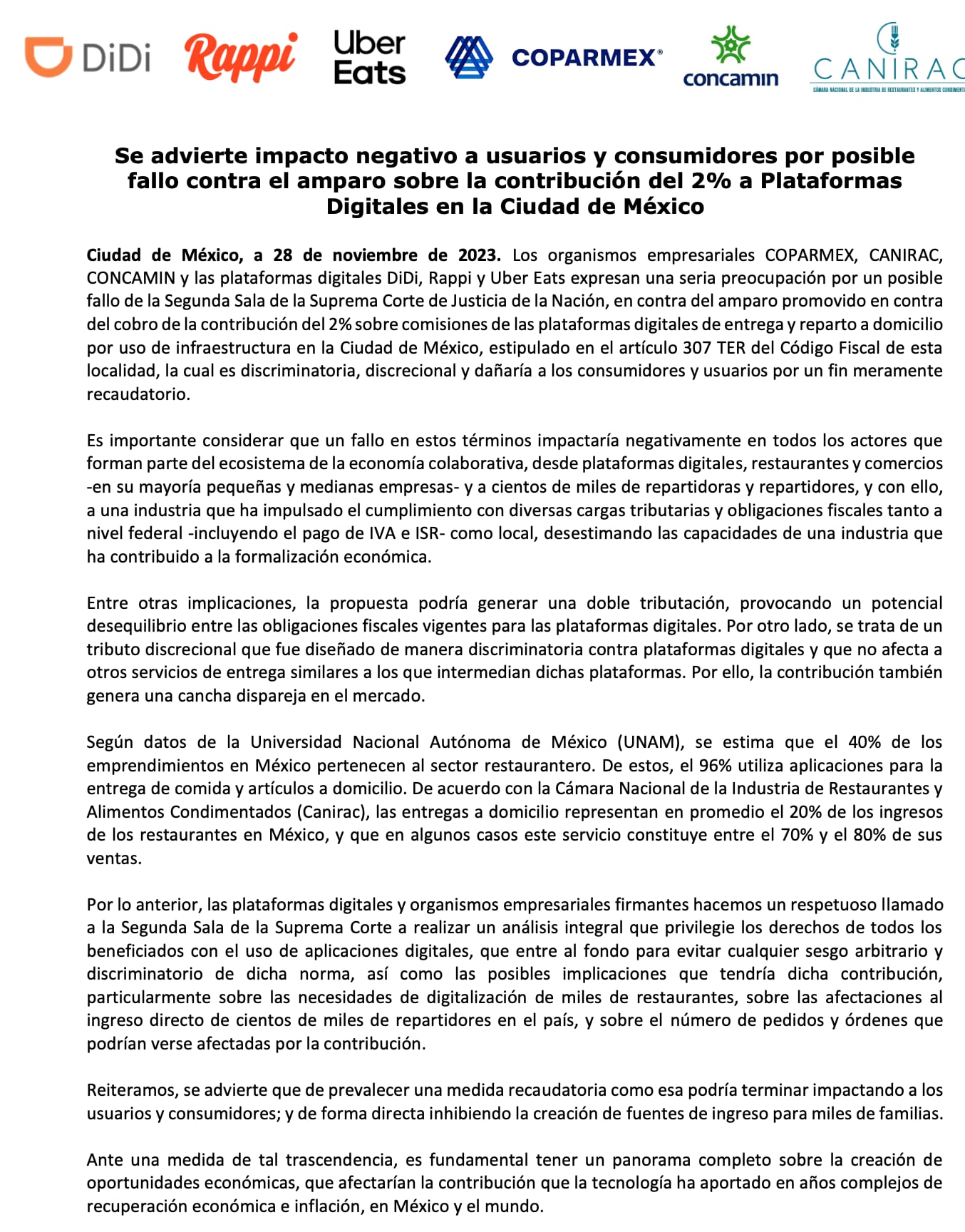 Comunicado Uber Eats, Rappi y Didi