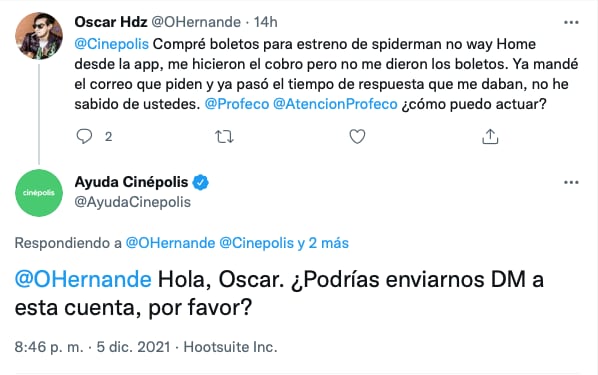 Ayuda Cinépolis sobre queja de usuario por no poder obtener los boletos para la película Spider-man: No way home/@AyudaCinepolis