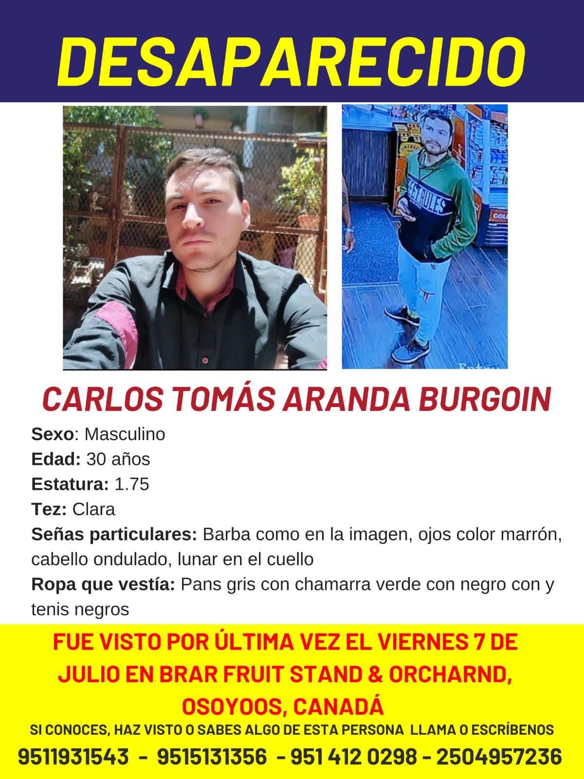 Carlos Tomás Aranda Burgoin, mexicano originario de Oaxaca desaparecido en Canadá