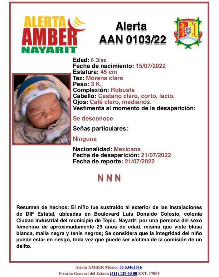 Fiscalía activa alerta Amber para localizar a bebé recién nacido en Nayarit
