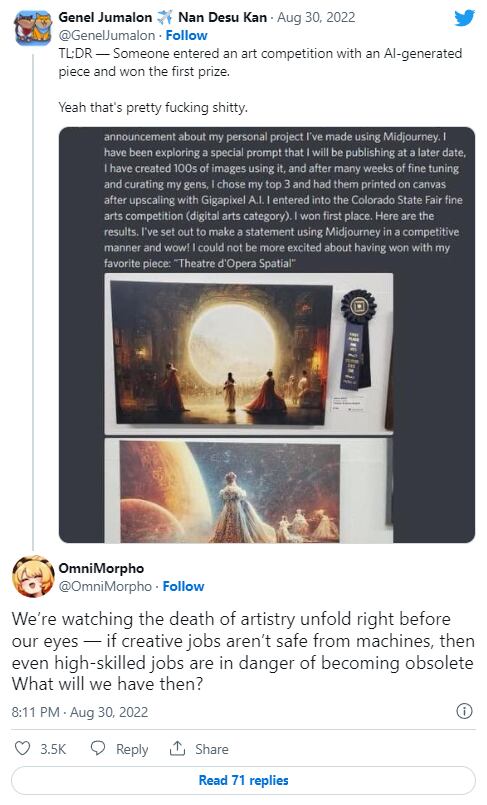 Tuit quejándose por la victoria de una Inteligencia Artificial en concurso de arte